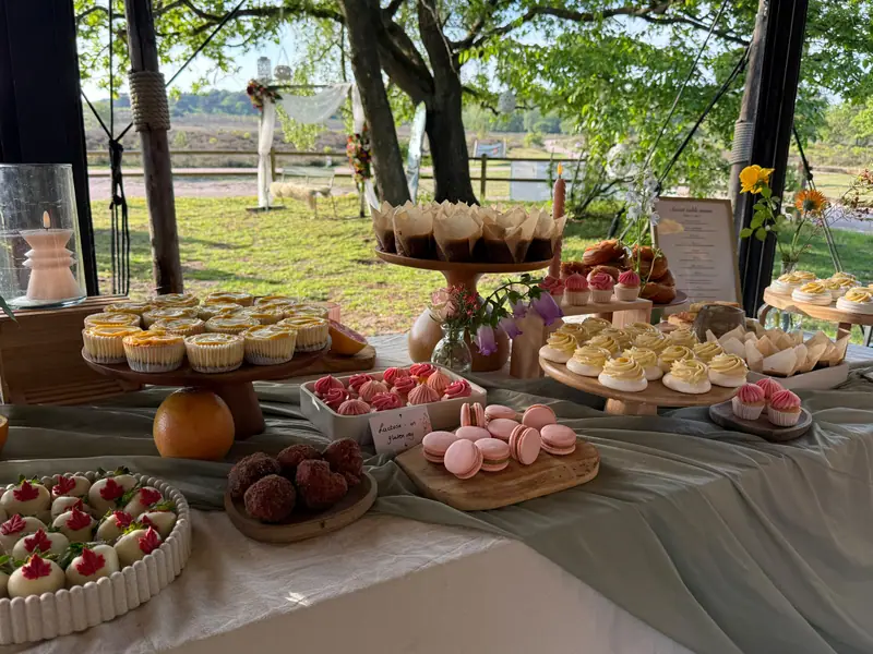 Sweet table met taartjes en macarons, met de heide op de achtergrond